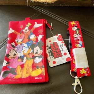 Disney Mickey Mouse & Friends Red Lanyard Detachable Zip Closure Clear ID Slip